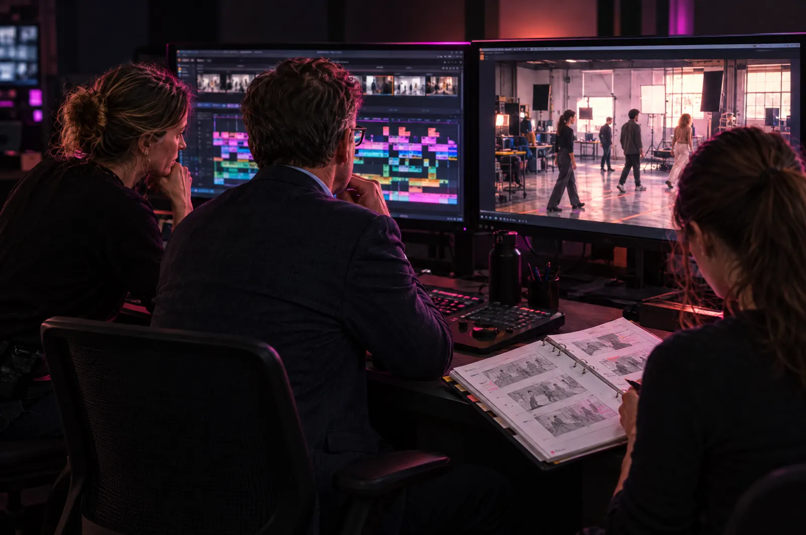 In a dark editing suite, a director and a client review a cut on two monitors while an assistant checks the shots against the storyboard.
